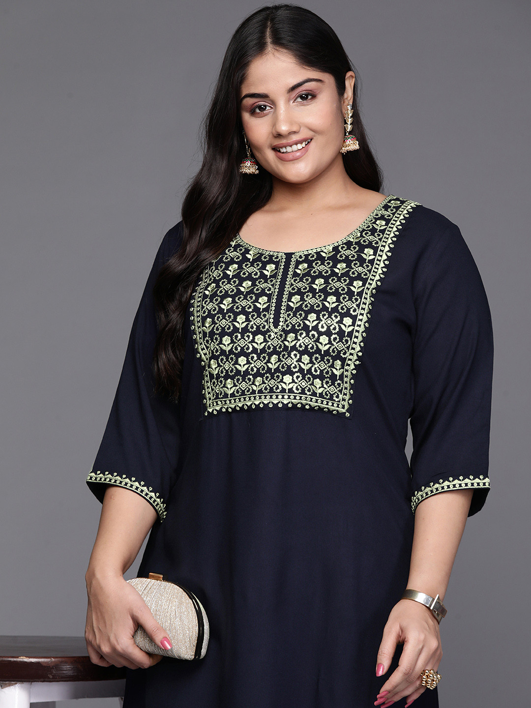 

EXTRA LOVE BY LIBAS Women Plus Size Floral Yoke Design Sequinned Kurta, Navy blue
