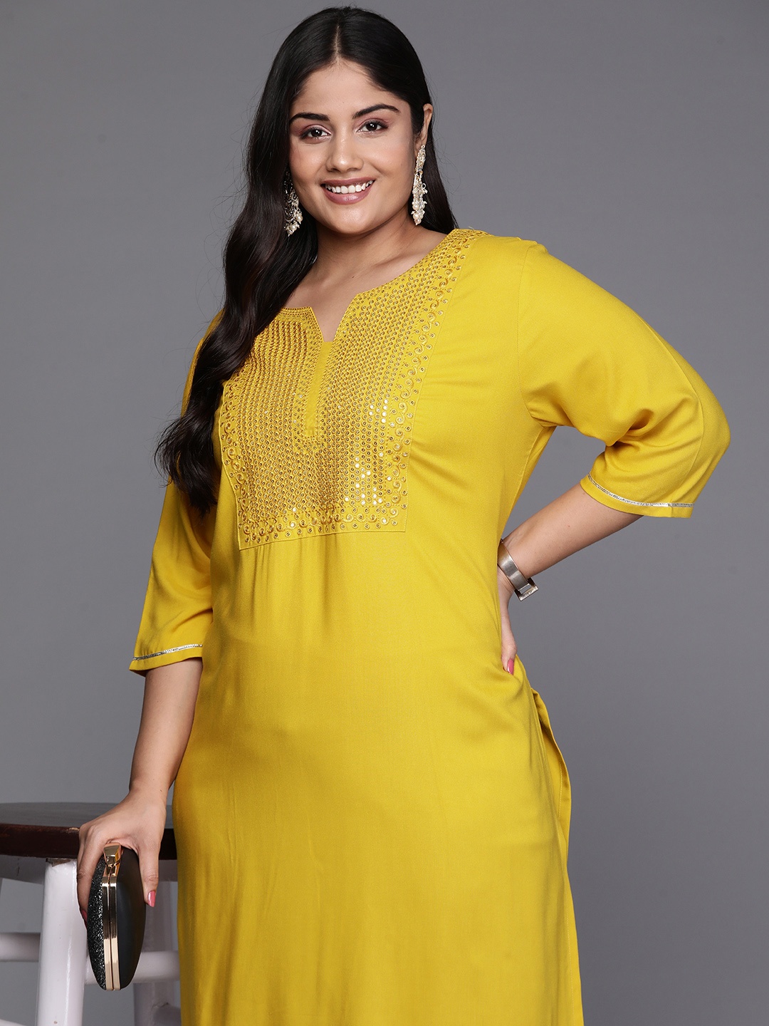

EXTRA LOVE BY LIBAS Women Plus Size Yoke Design Sequinned Kurta, Mustard