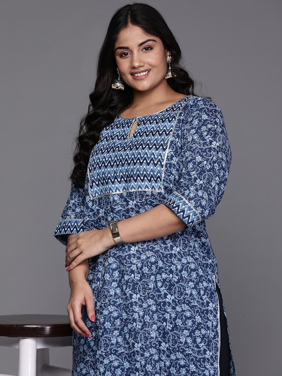 

EXTRA LOVE BY LIBAS Women Plus Size Floral Yoke Design Keyhole Neck Gotta Patti Kurta, Blue