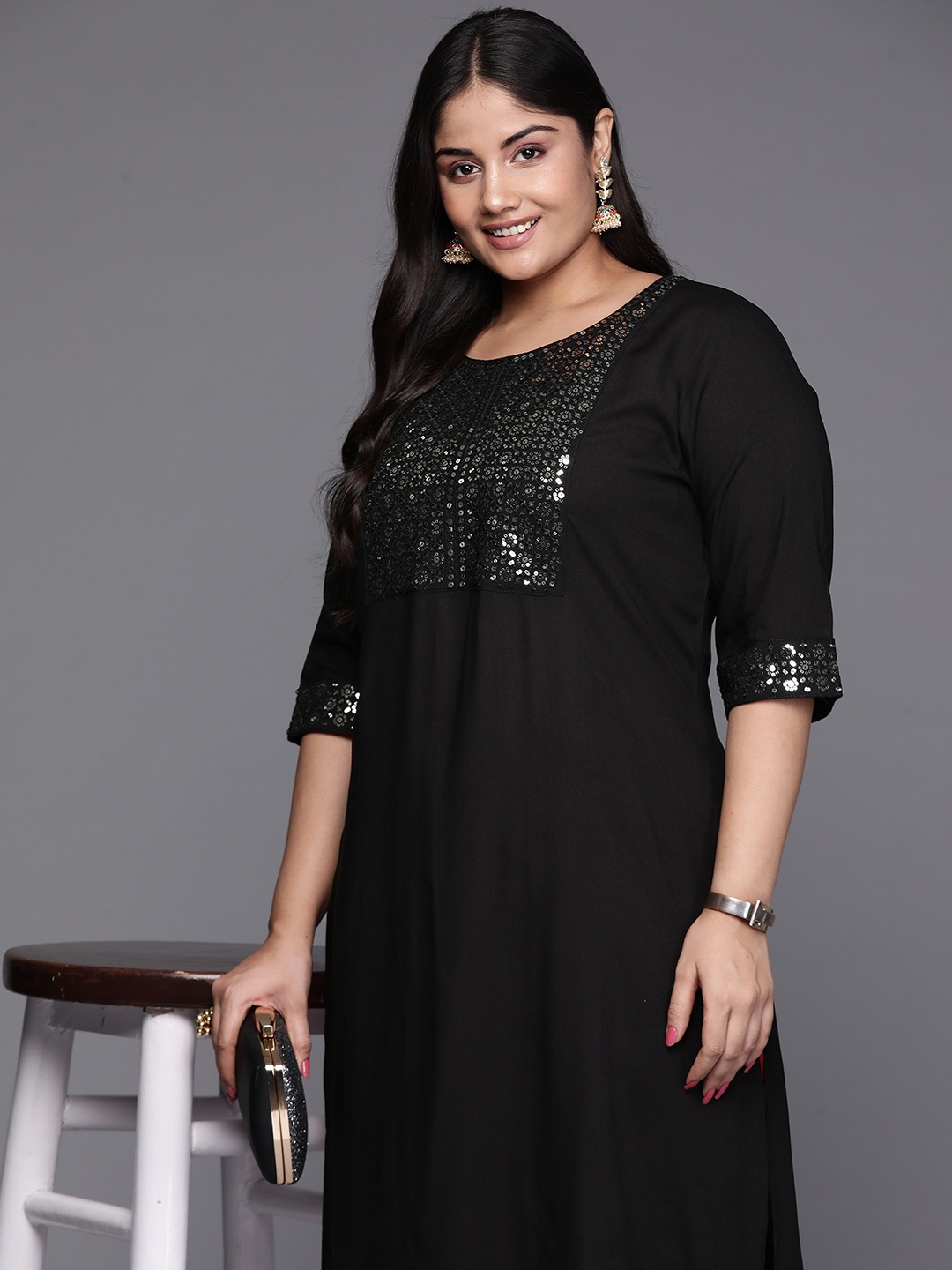 

EXTRA LOVE BY LIBAS Women Plus Size Yoke Design Sequinned Kurta, Black