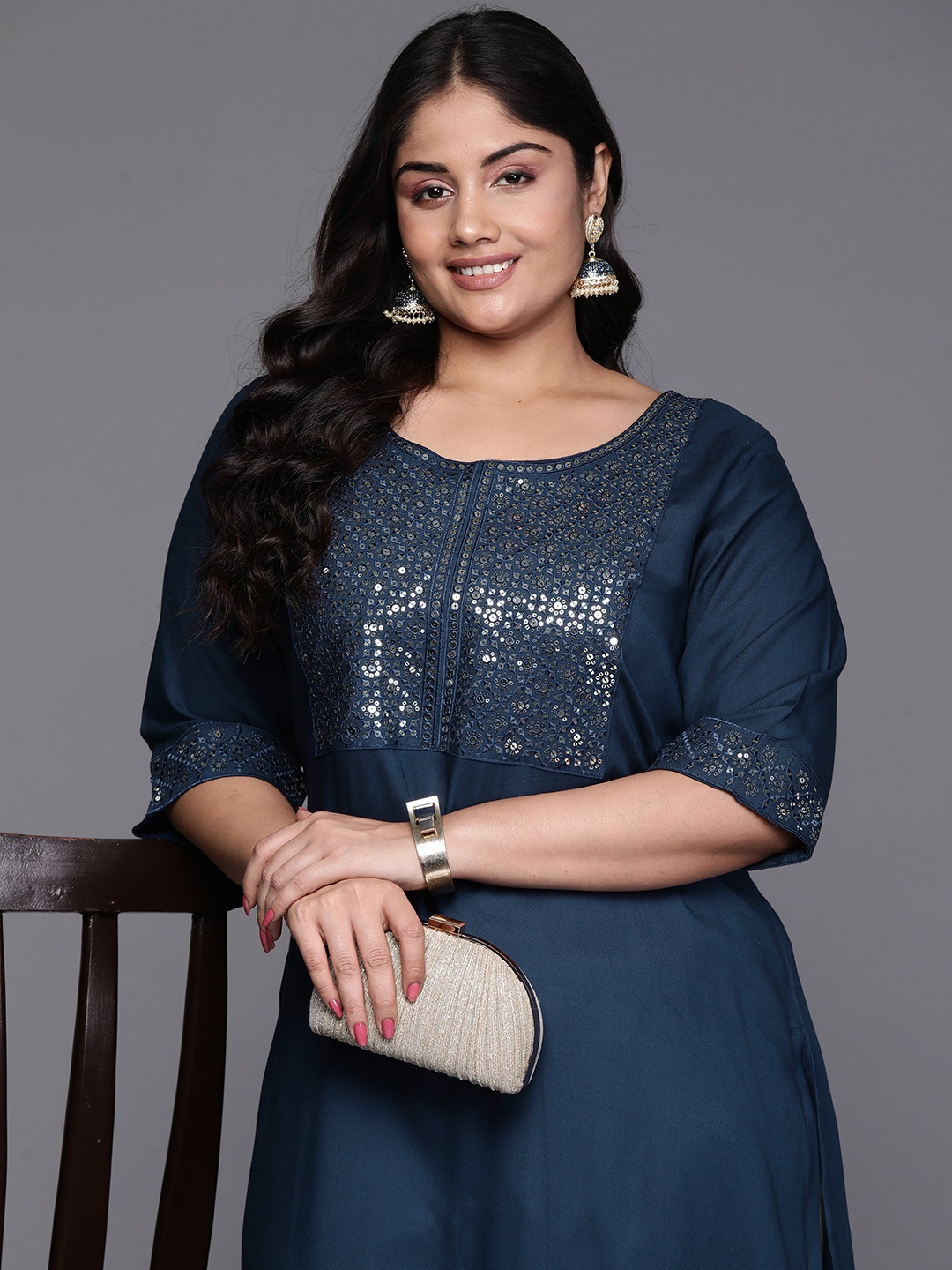 

EXTRA LOVE BY LIBAS Women Plus Size Yoke Design Sequinned Kurta, Teal