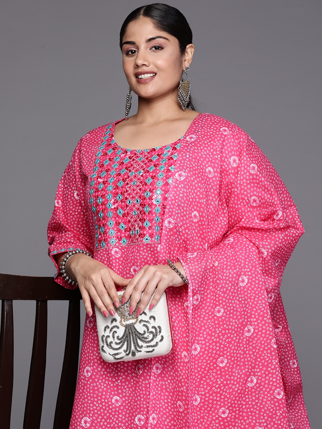 

EXTRA LOVE BY LIBAS Women Plus Size Printed Mirror Work Kurta with Trousers & With Dupatta, Pink