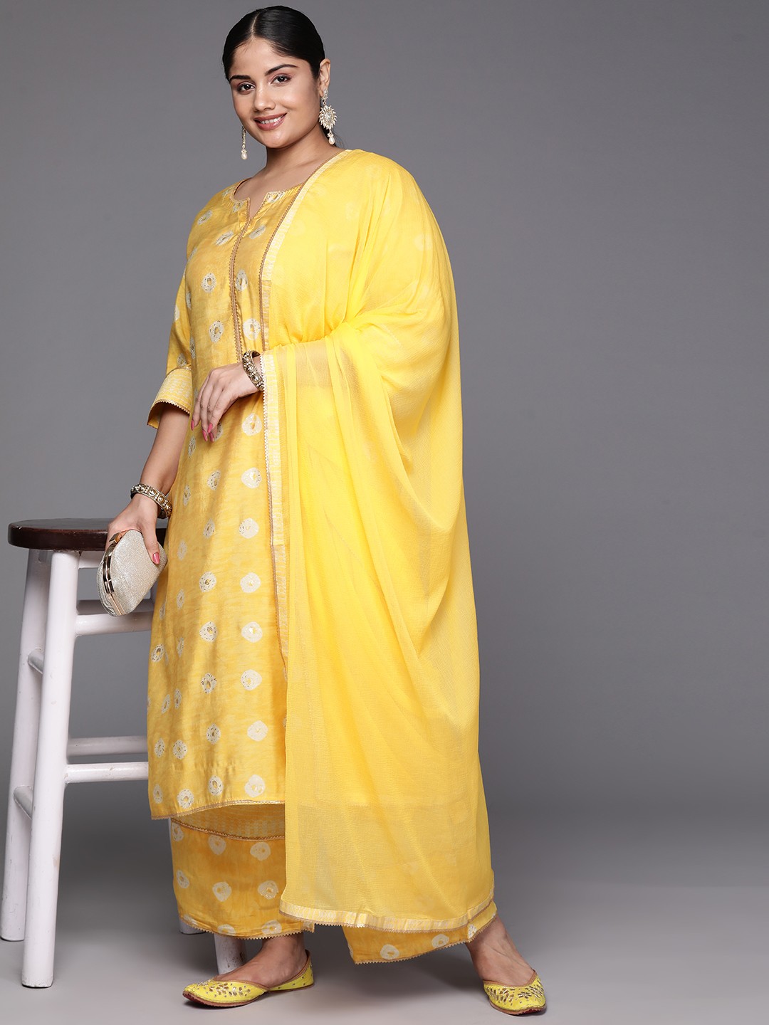 

EXTRA LOVE BY LIBAS Women Plus Size Printed Gotta Patti Kurta with Palazzos & With Dupatta, Mustard