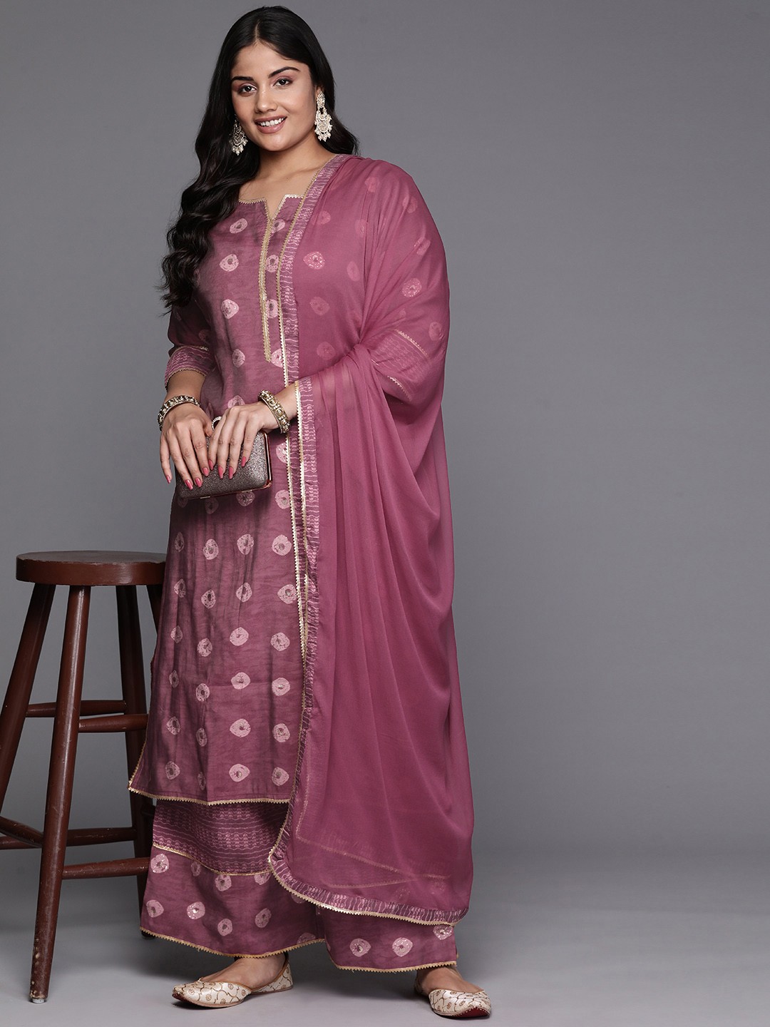 

EXTRA LOVE BY LIBAS Women Plus Size Printed Gotta Patti Kurta with Palazzos & With Dupatta, Mauve