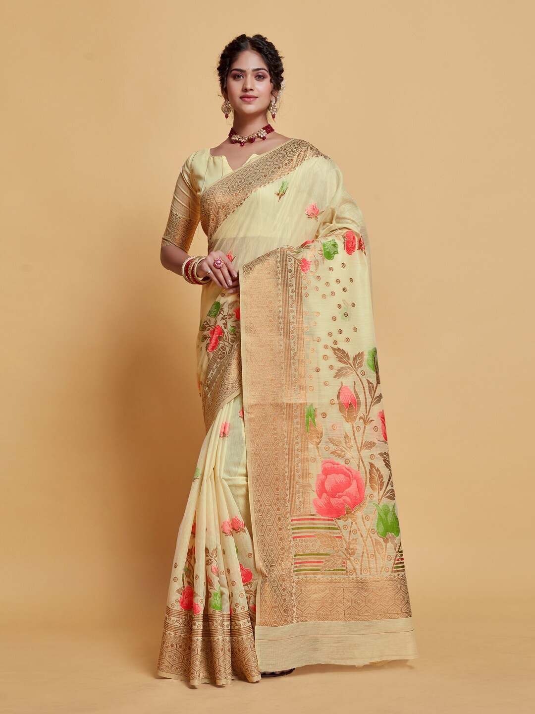 

GAJARAI Floral Woven Design Zari Banarasi Saree, Beige