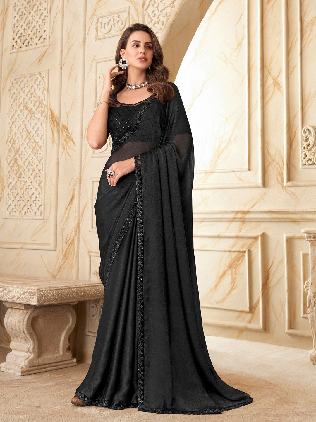 

Mitera Black Floral Printed Sequinned Saree