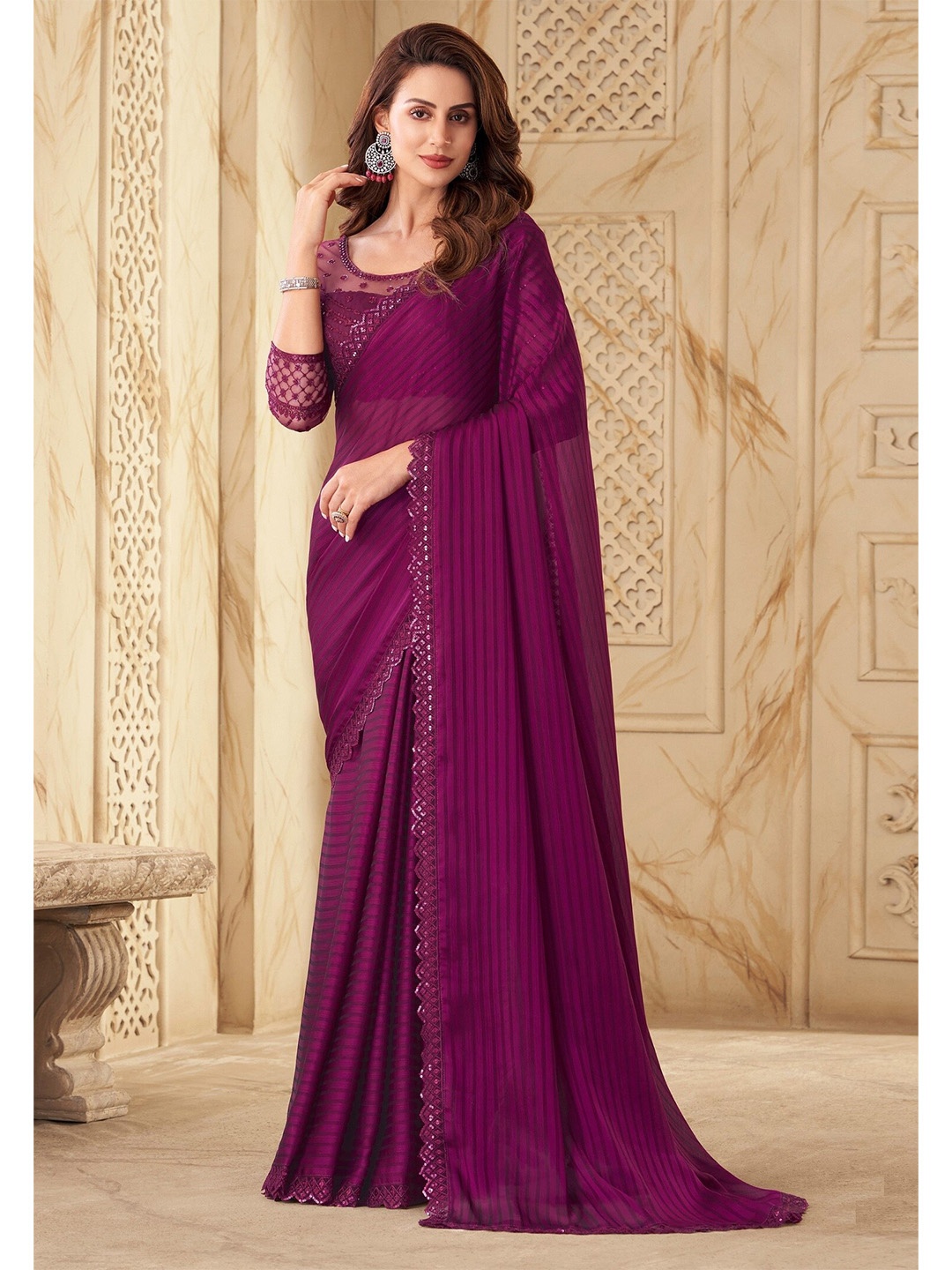 

Mitera Purple Striped Embroidered Saree