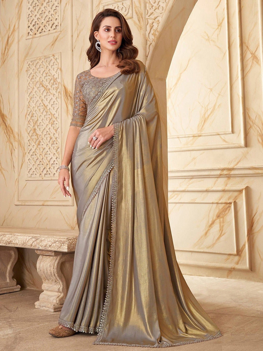 

Mitera Gold-Toned & Grey Sequinned Embroidered Saree