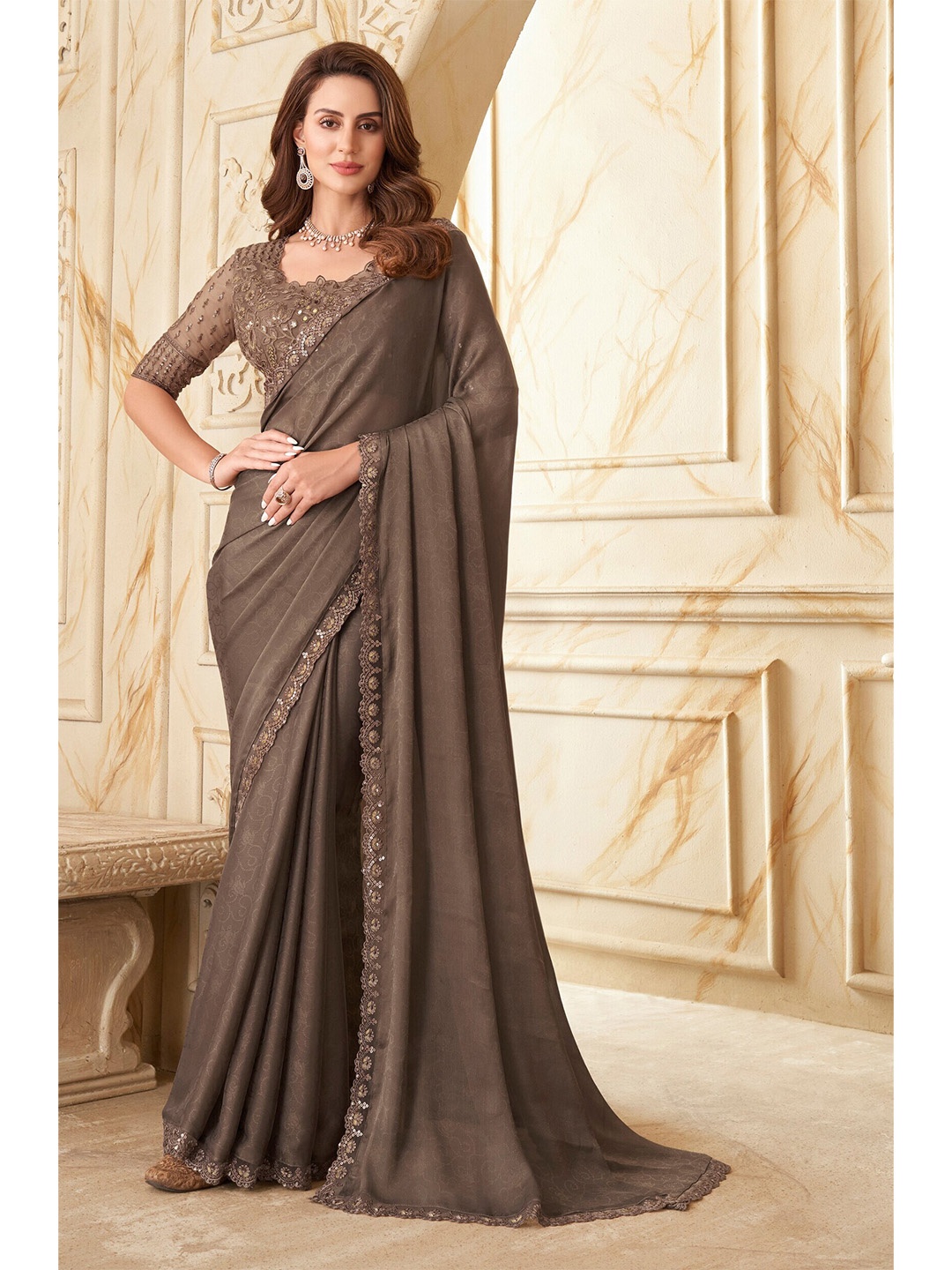 

Mitera Brown Floral printed Sequinned Saree