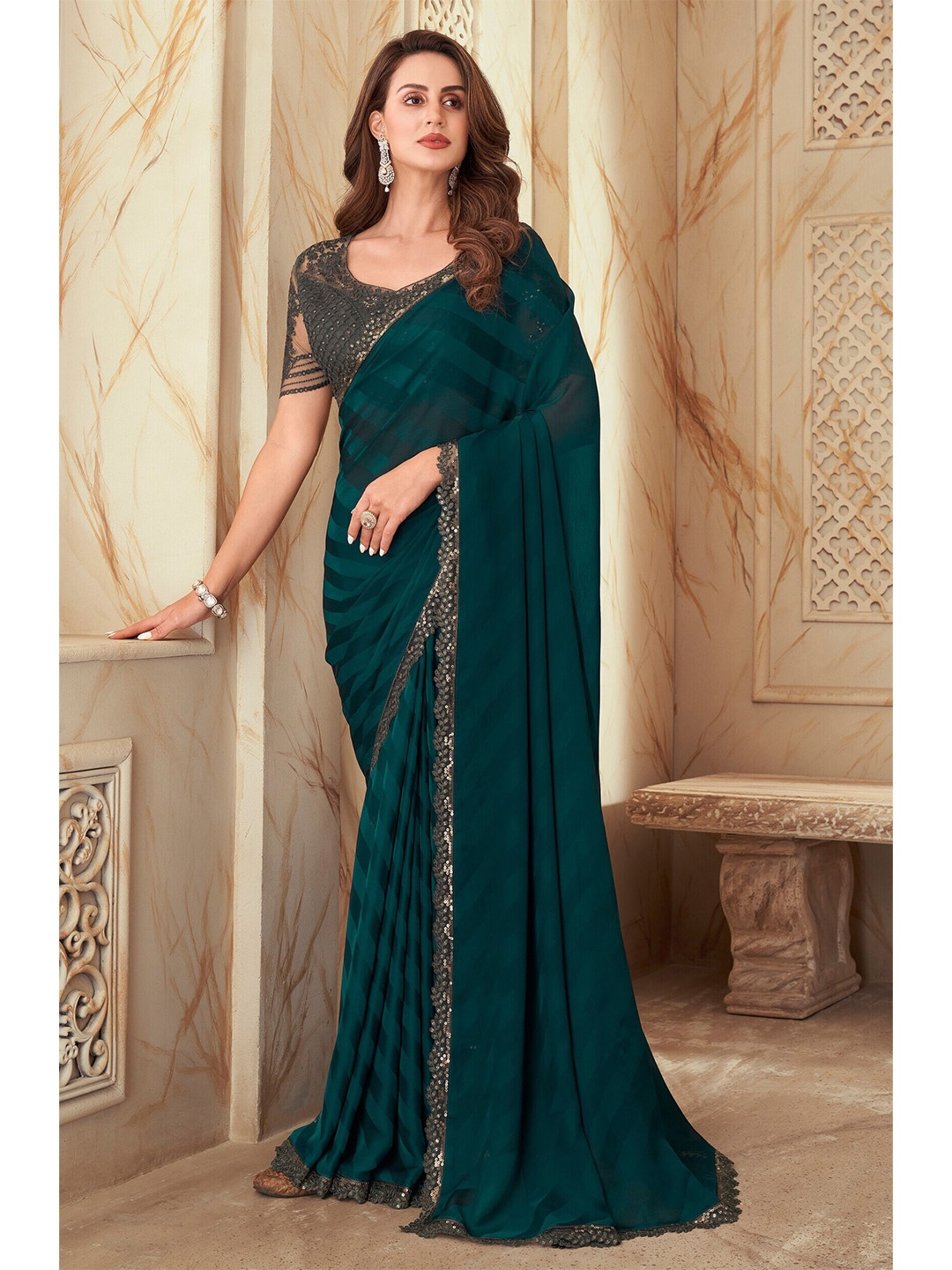 

Mitera Teal & Gold-Toned Striped Embroidered Saree