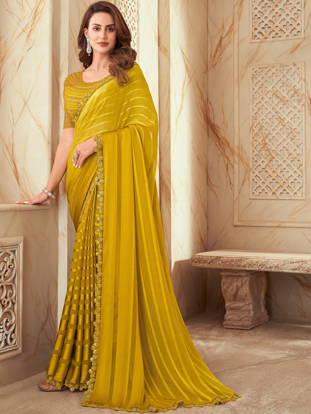 

Mitera Yellow Striped Sequinned Embroidered Saree