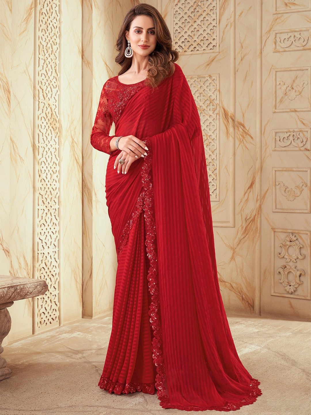 

Mitera Striped Silk Blend Saree, Red