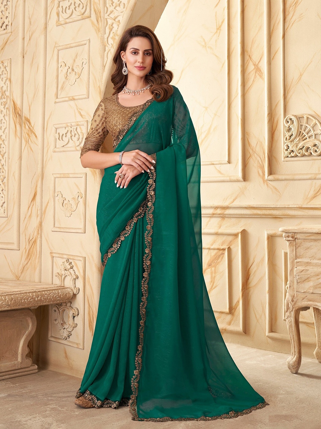 

Mitera Embroidered Border Silk Blend Saree, Green