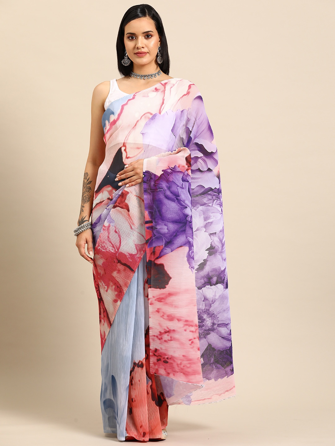

Tikhi Imli Printed Pleated Saree, Multi