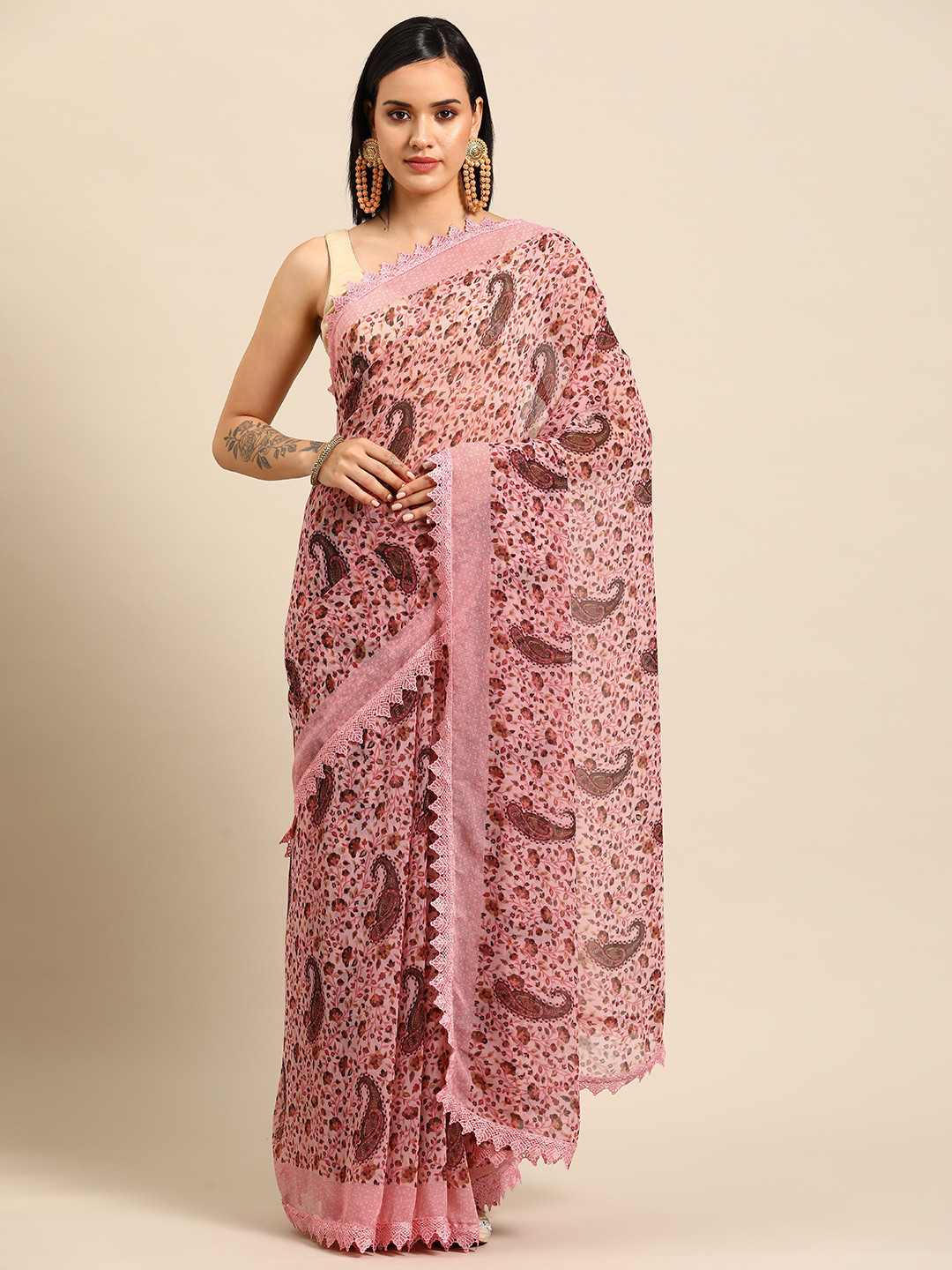 

Tikhi Imli Floral Printed Pure Georgette Saree, Pink