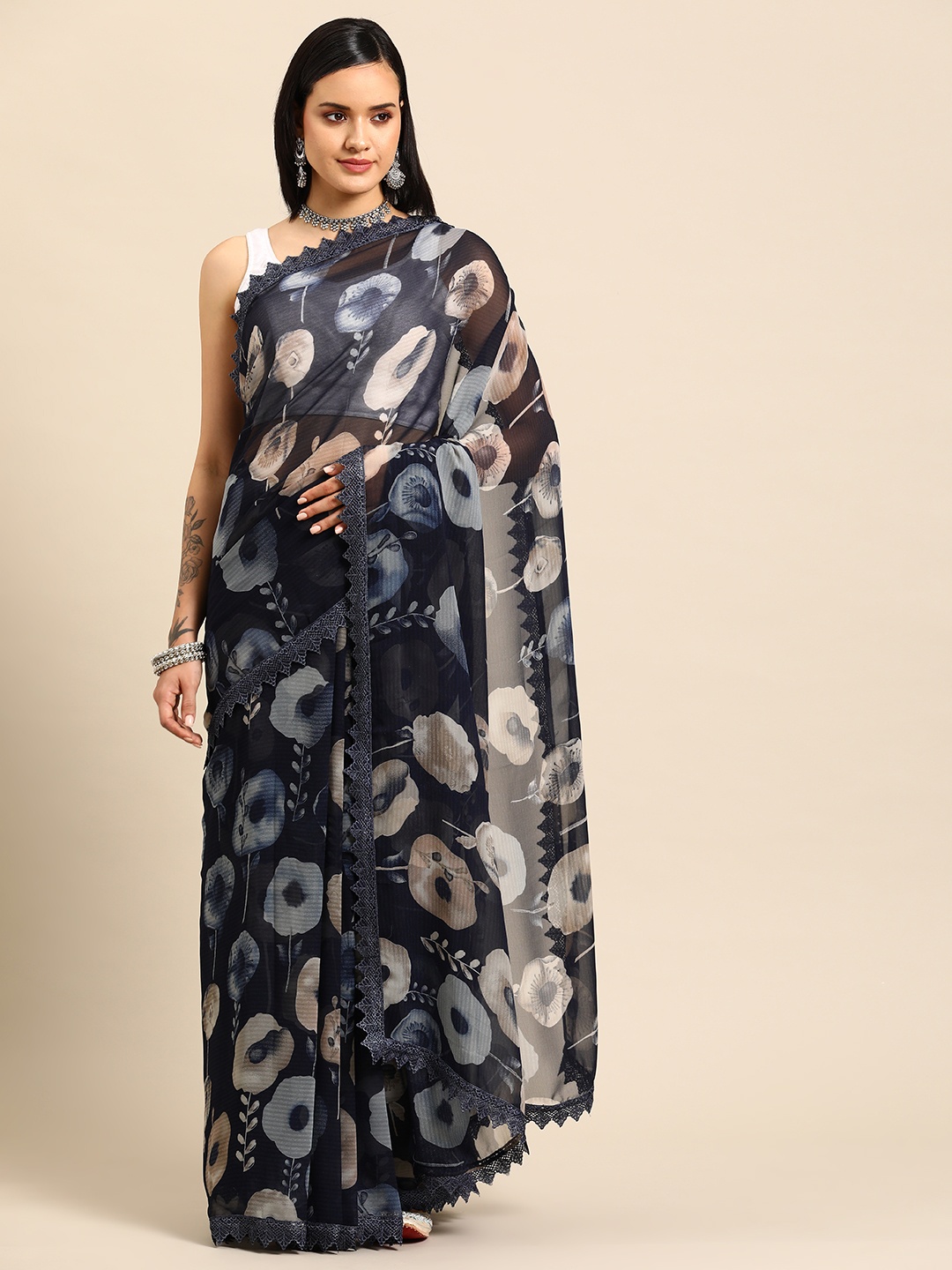 

Tikhi Imli Floral Printed Poly Georgette Saree, Blue
