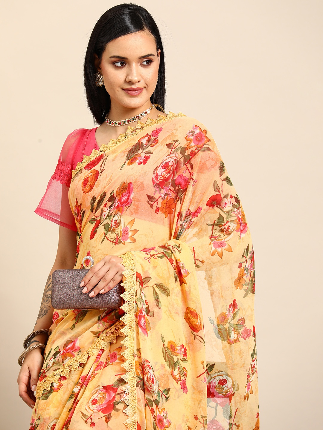 

Tikhi Imli Floral Poly Georgette Saree, Mustard