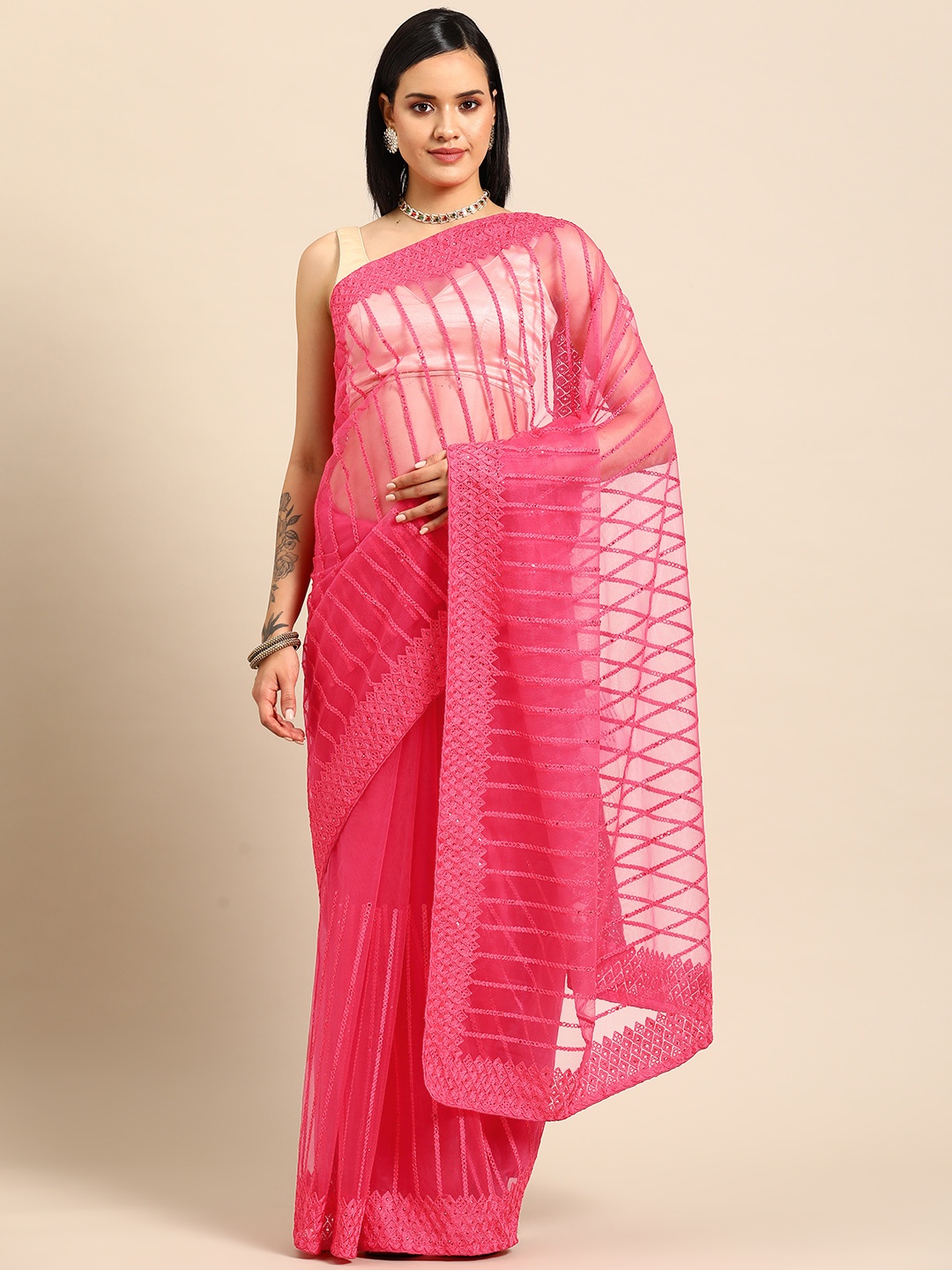 

Tikhi Imli Striped Beads and Stones Net Saree, Pink