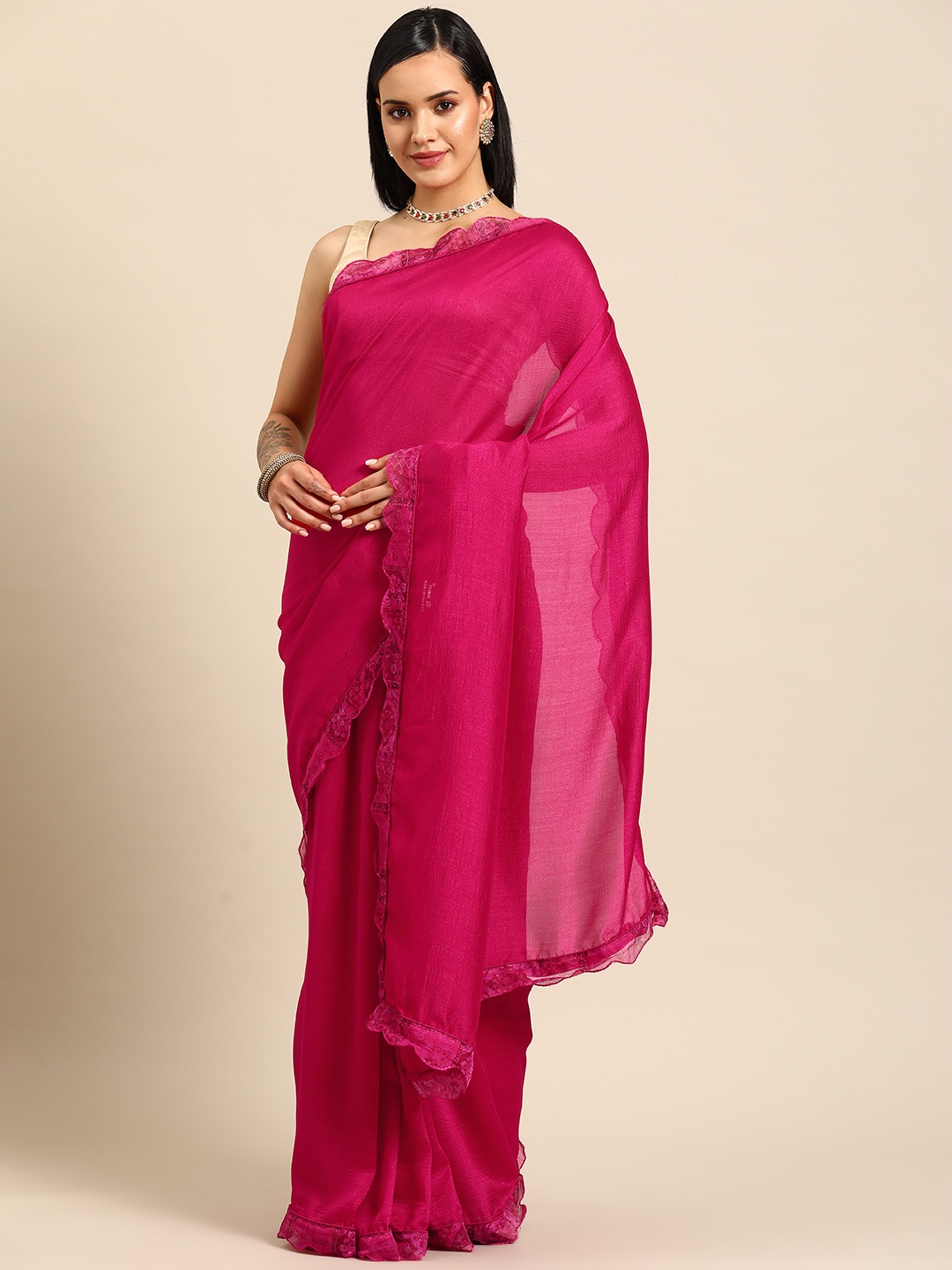 

Tikhi Imli Solid Saree with Floral Scalloped Border, Pink