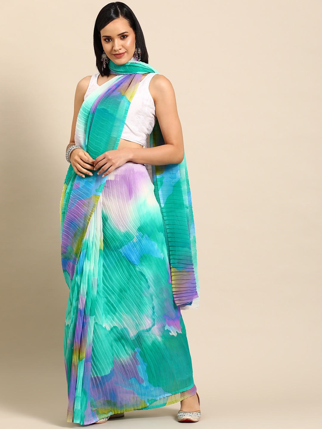 

Tikhi Imli Printed Accordian Pleated Poly Georgette Saree, Sea green