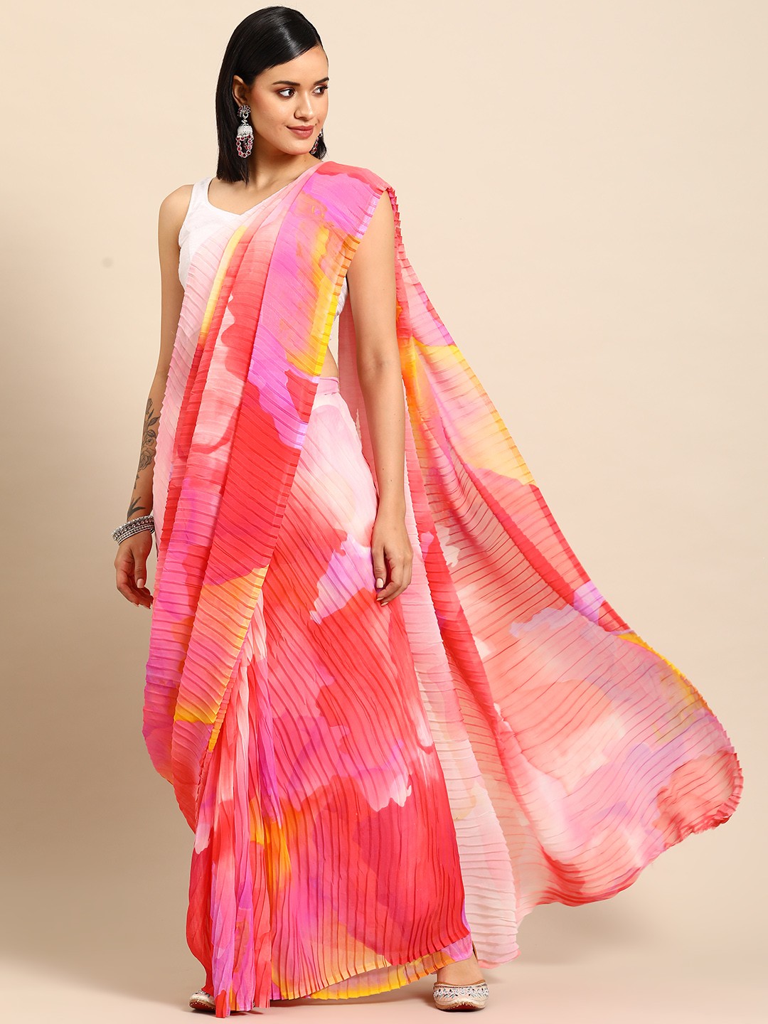 

Tikhi Imli Printed Accordian Pleated Poly Georgette Saree, Multi
