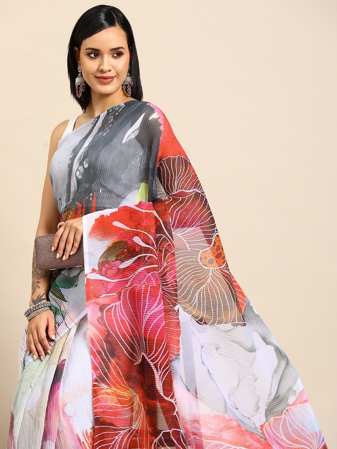 

Tikhi Imli Floral Printed Satin Saree, Blue