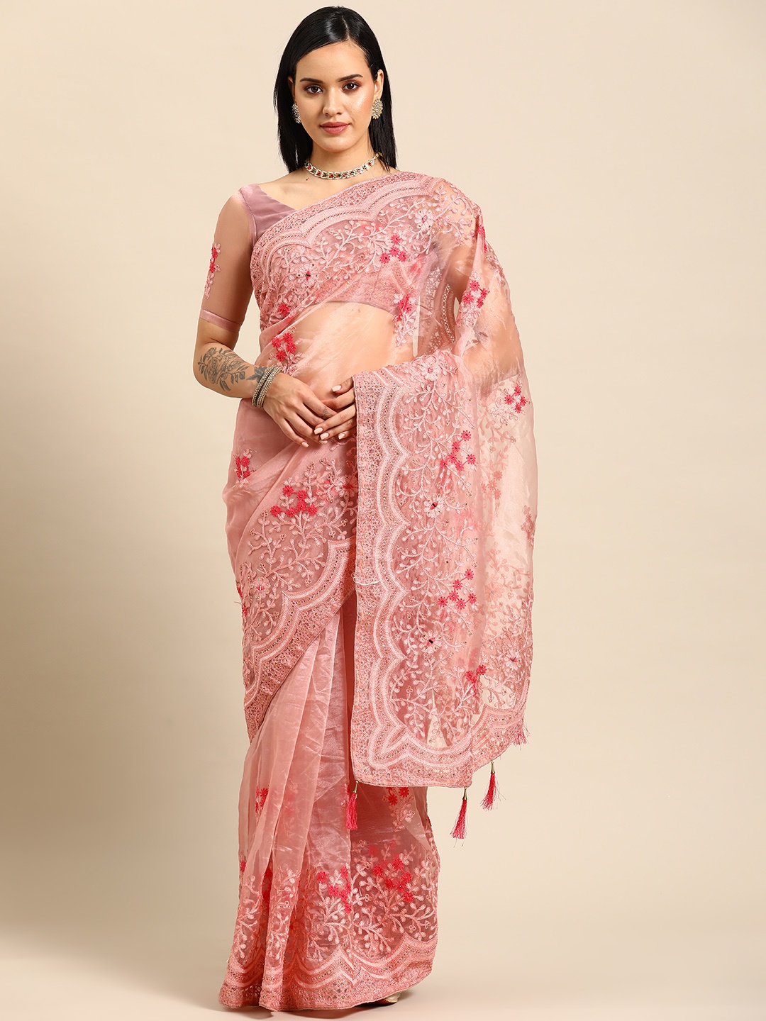 

Tikhi Imli Floral Beads and Stones Organza Saree, Peach