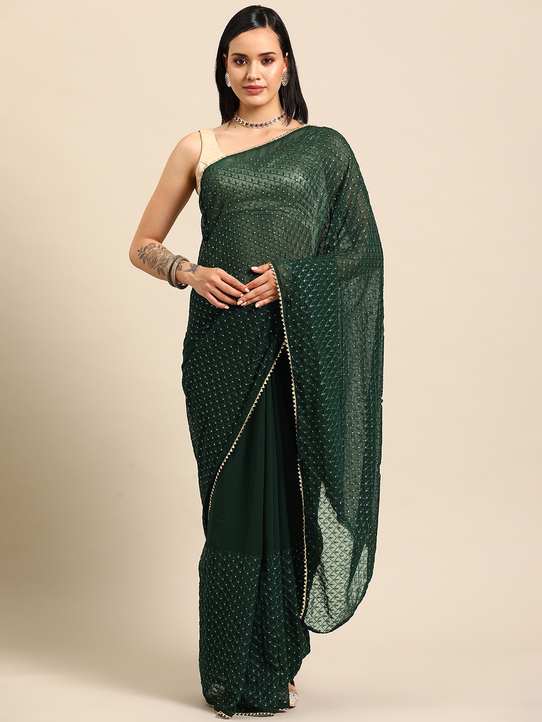 

Tikhi Imli Woven Design Sequinned Poly Georgette Saree, Green