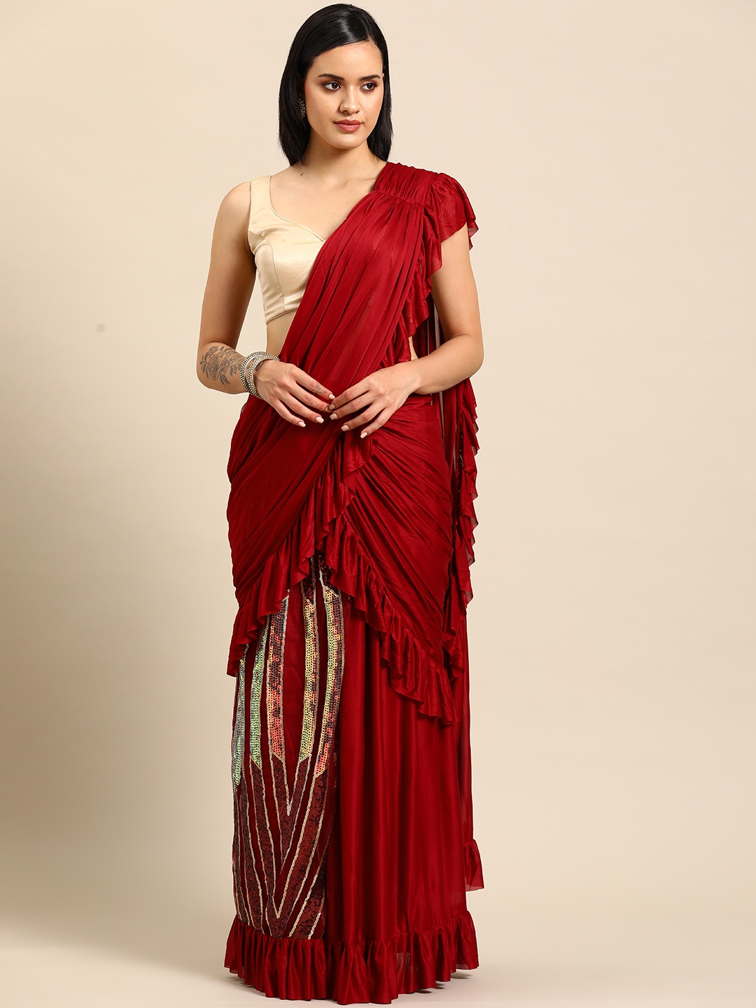 

Tikhi Imli Embellished Sequinned Ready To Wear Saree, Maroon