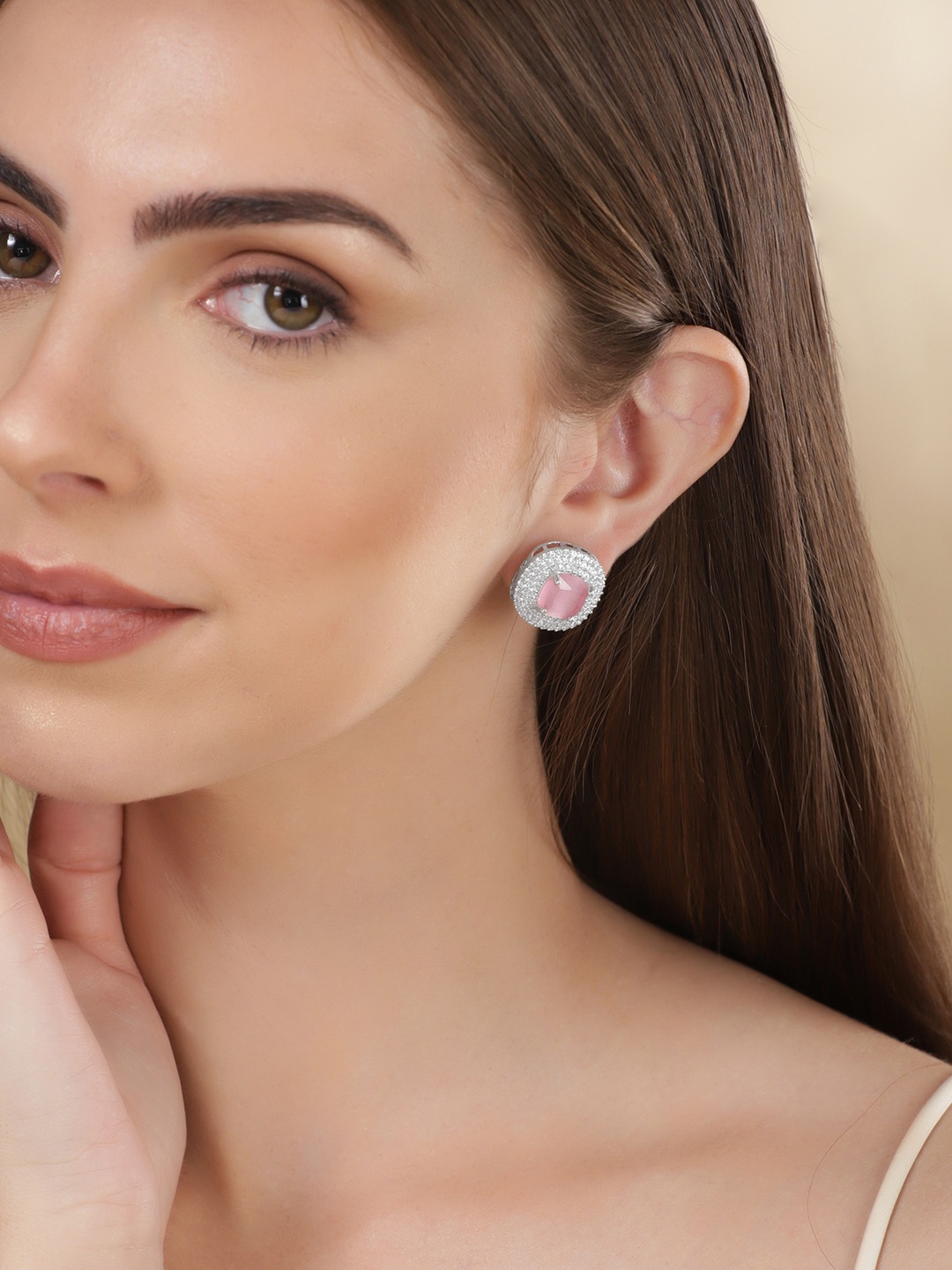 

Rubans Rhodium Plated Pink Sapphire & Cubic Zicronia Studded Studs Earrings, Silver