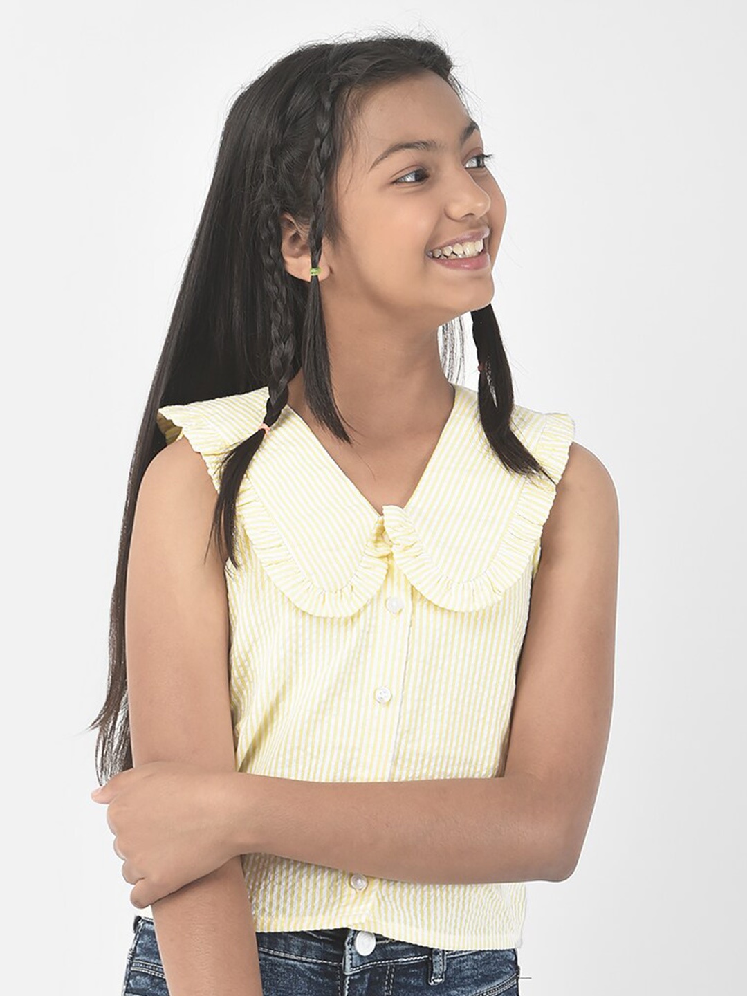 

Crimsoune Club Girls Striped Above The Keyboard Collar Sleeveless Opaque Casual Shirt, Yellow