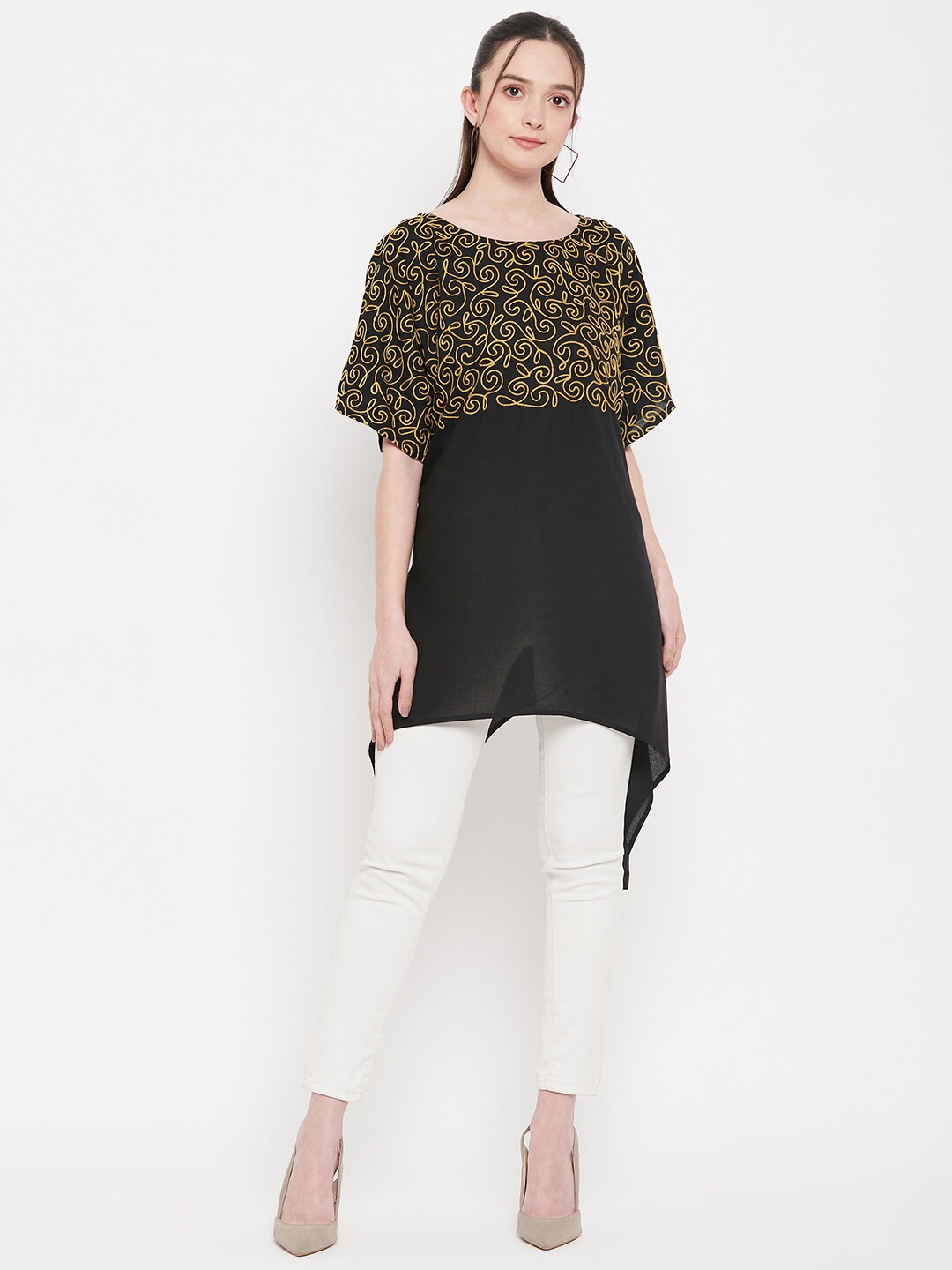 

Ruhaans Kimono Sleeves Embroidered Styled Back Longline Top, Black