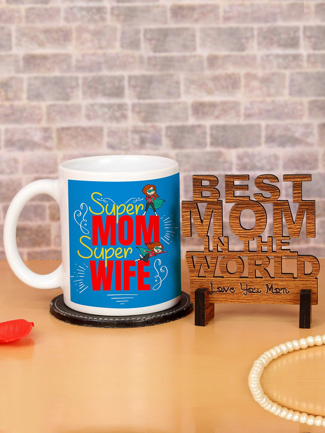 

TIED RIBBONS Blue & Brown Mom Printed Coffee Mug with Wooden Showpiece