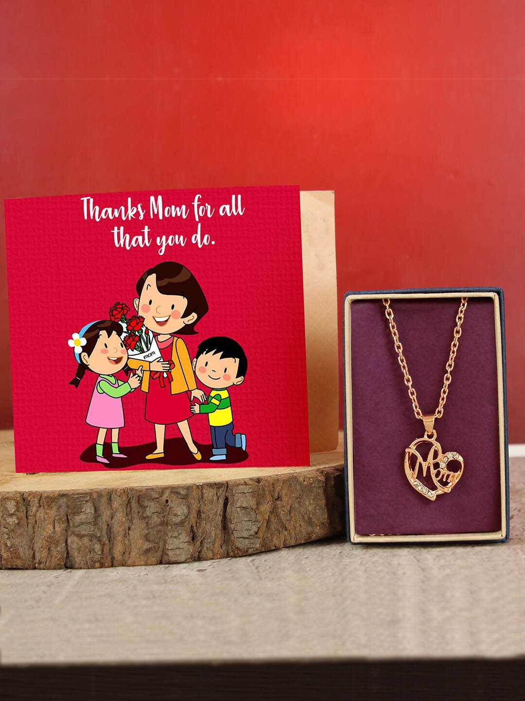 

TIED RIBBONS 2-Pieces Mom Special Pendant With Chain & Greeting Card, Red