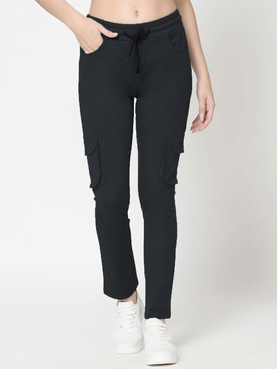 

urSense Women Mid Rise Drawstring Stretchable Cargos Trousers, Black