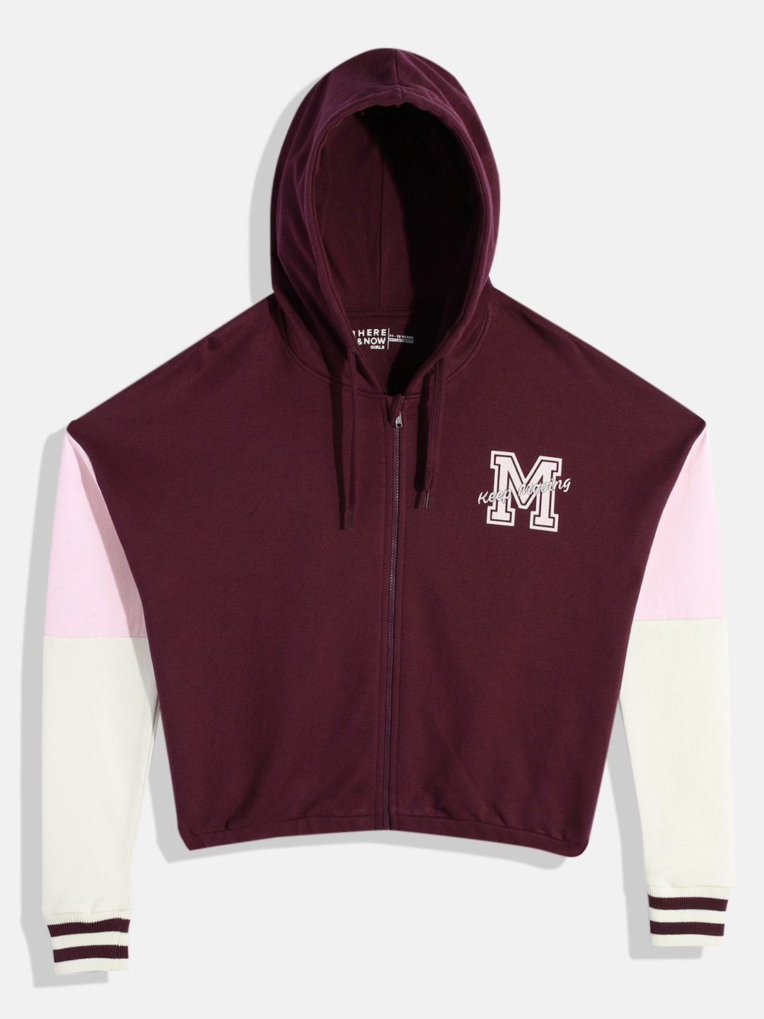 

HERE&NOW Girls Pure Cotton Back Printed Hooded Sweatshirt, Burgundy
