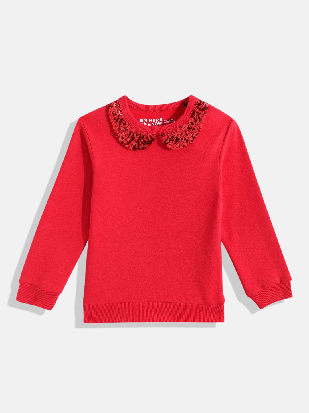 

HERE&NOW Girls Sequin Embellished Peter Pan Style Collar Pure Cotton Sweatshirt, Red