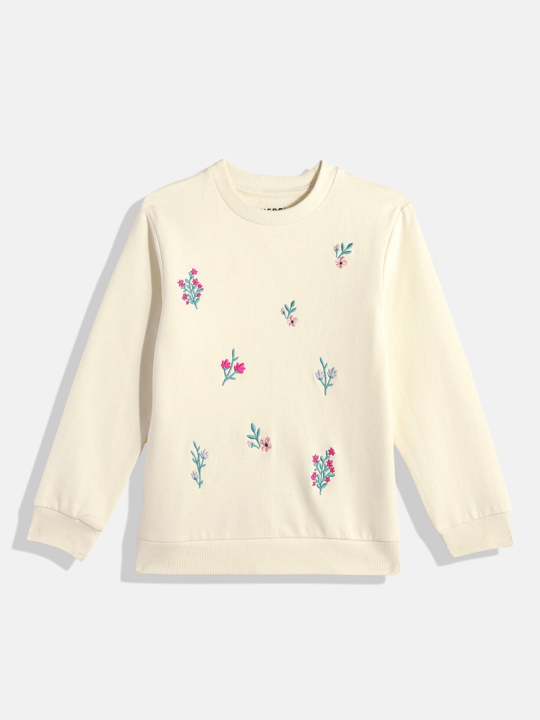 

HERE&NOW Girls Floral Embroidered Knitted Pure Cotton Sweatshirt, Off white
