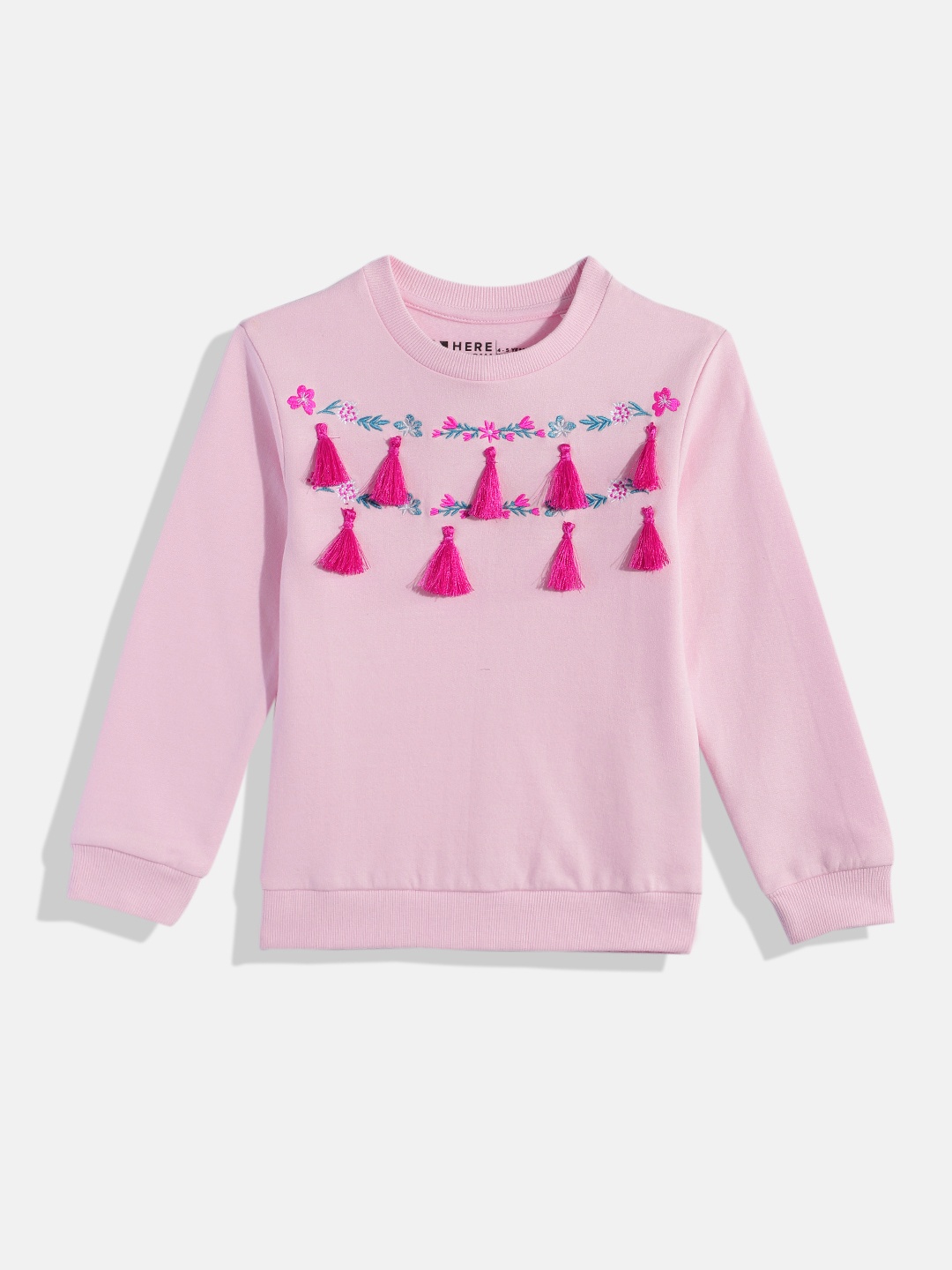 

HERE&NOW Girls Floral Embroidered Pure Cotton Sweatshirt with Tassels, Pink