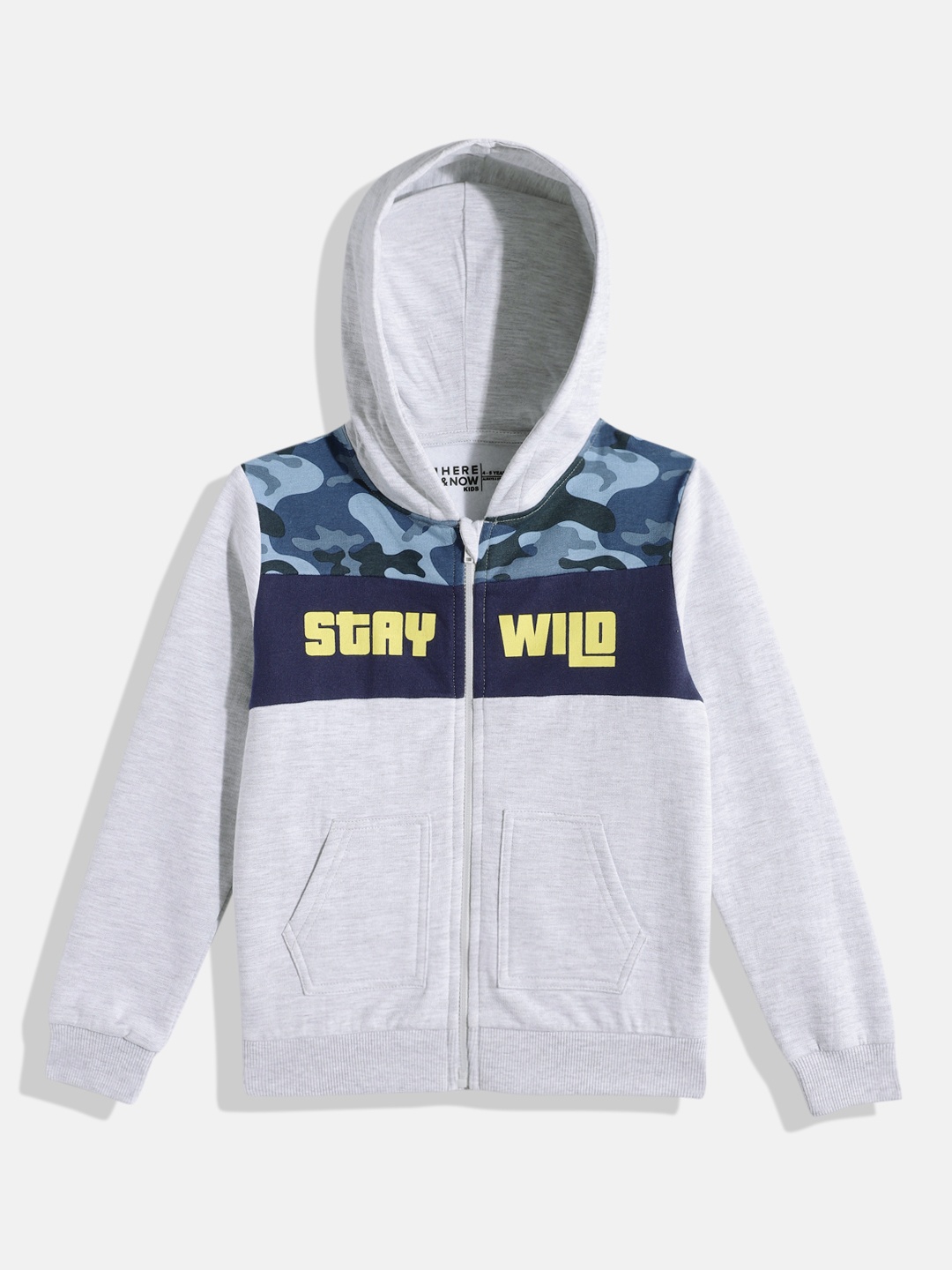 

HERE&NOW Boys Printed Hooded Pure Cotton Sweatshirt, Grey melange