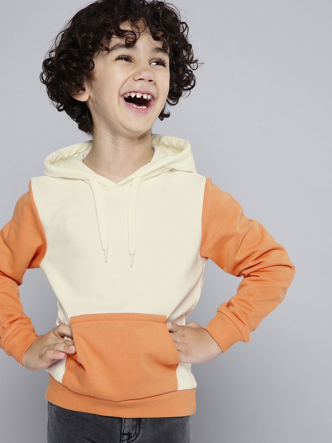 

HERE&NOW Boys Pure Cotton Colourblocked Hooded Sweatshirt, Cream