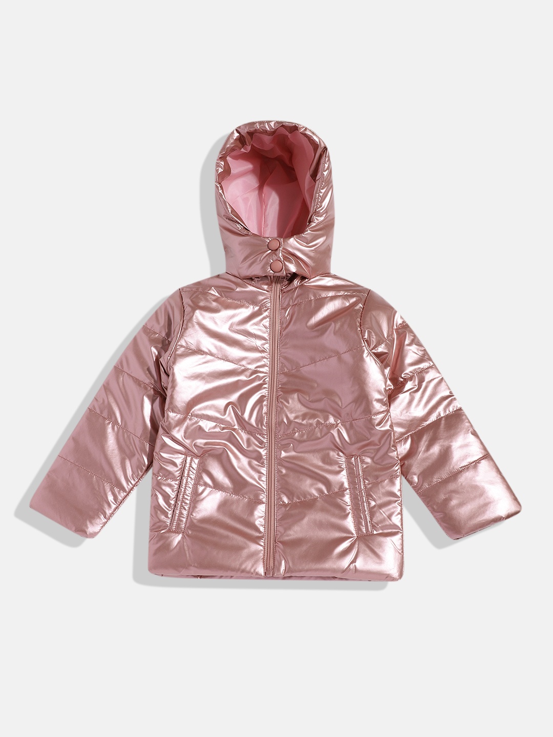 

HERE&NOW Girls Solid Solid Glossy Finish Hooded Puffer Jacket, Pink