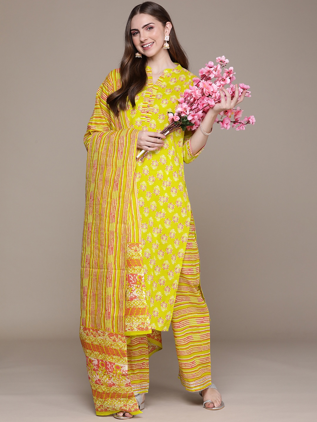 

Anouk Women Yellow Floral Printed Regular Pure Cotton Kurta with Palazzos & With Dupatta