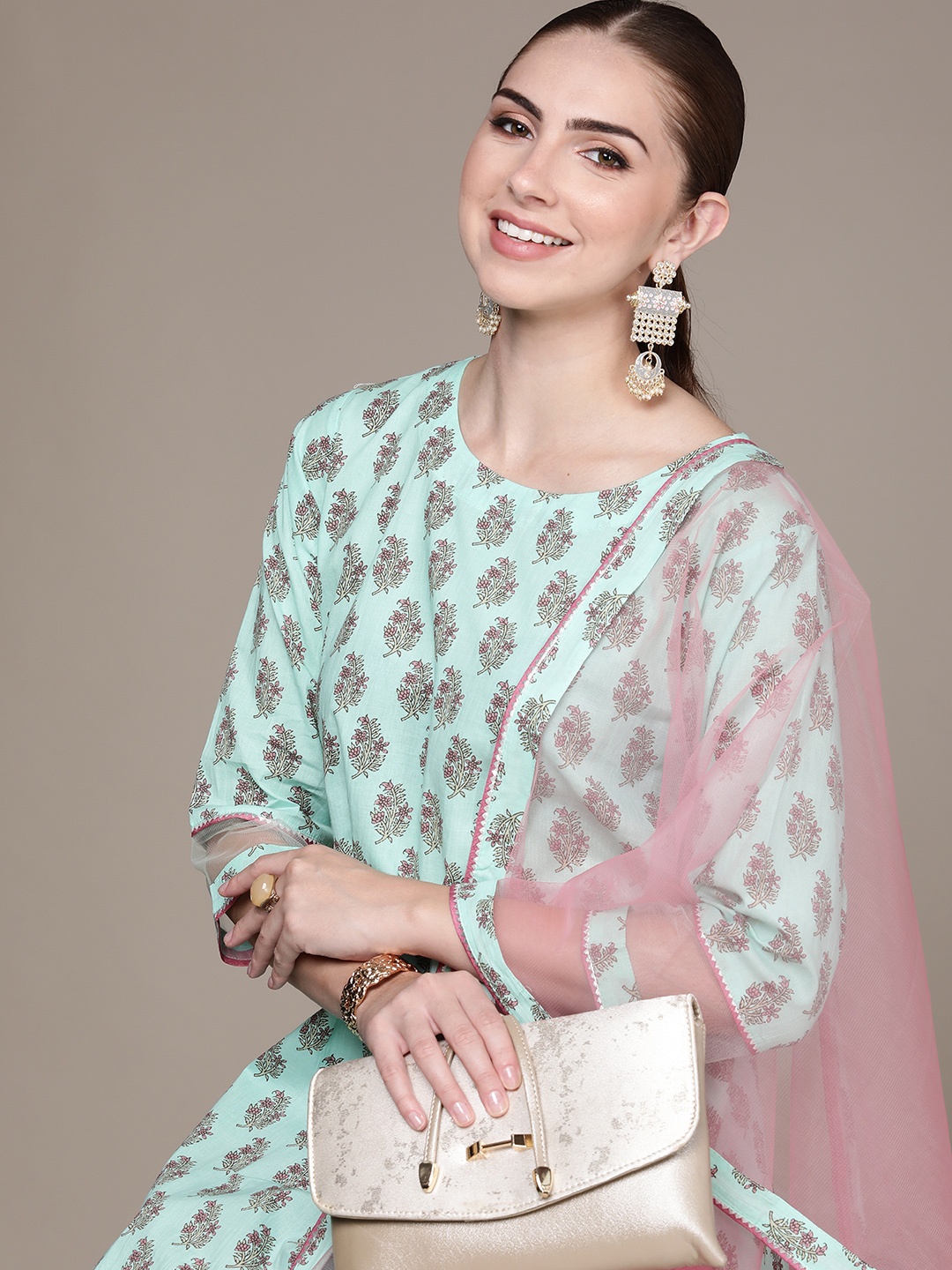 

Anouk Women Floral Printed Regular Kurta with Palazzos & With Dupatta, Sea green