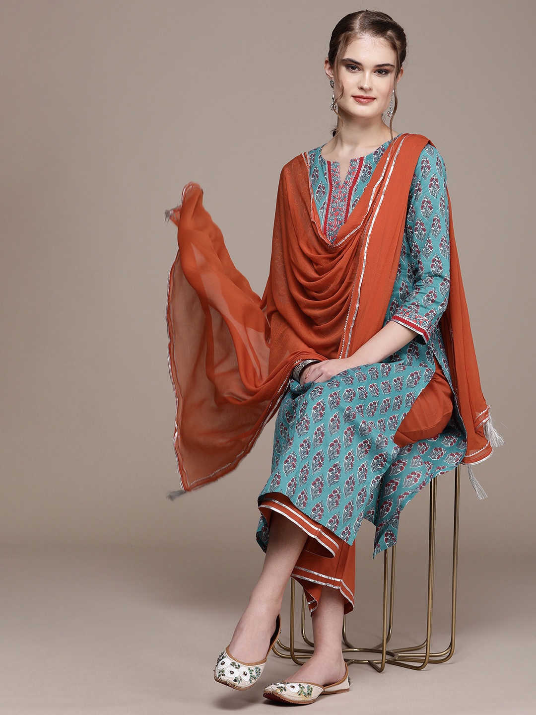 

Anouk Women Blue Floral Printed Regular Kurta with Palazzos & With Dupatta