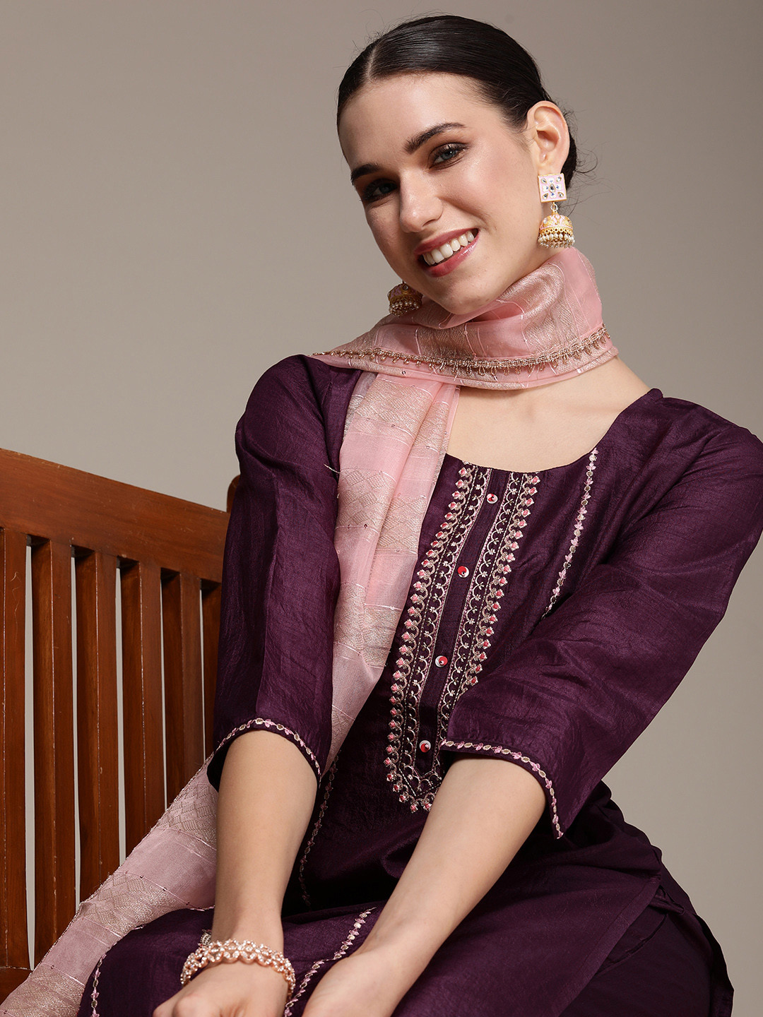 

Anouk Women Purple Ethnic Motifs Embroidered Regular Kurta with Palazzos & With Dupatta