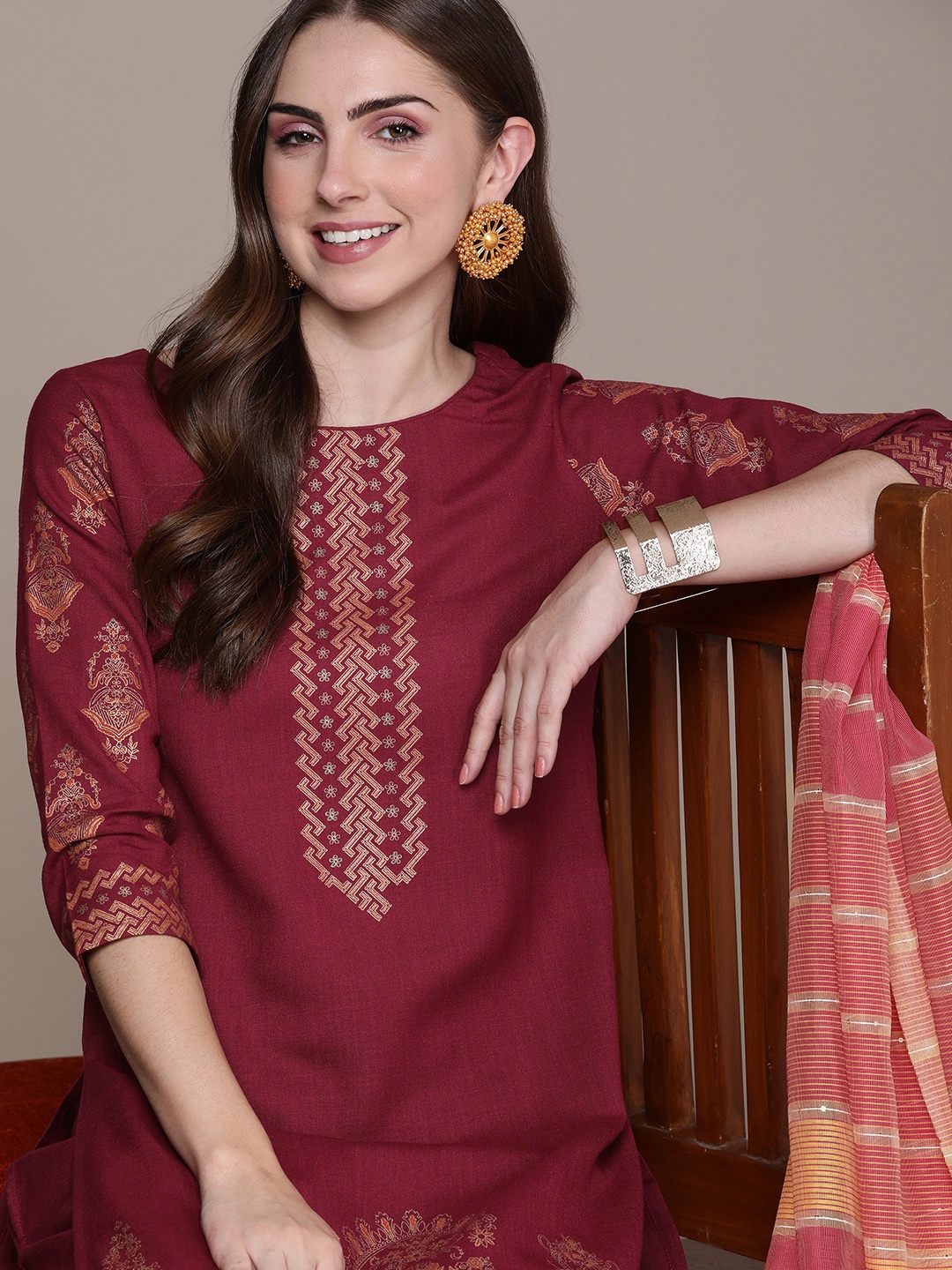 

Anouk Women Maroon Ethnic Motifs Printed Regular Kurta with Palazzos & With Dupatta