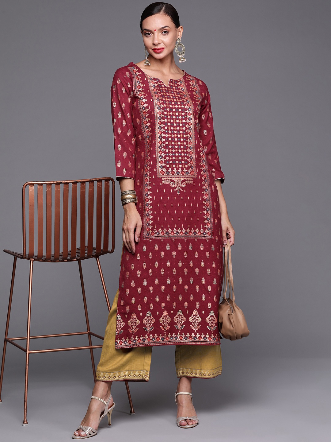 

Anouk Women Maroon Ethnic Motifs Printed Regular Kurta with Palazzos