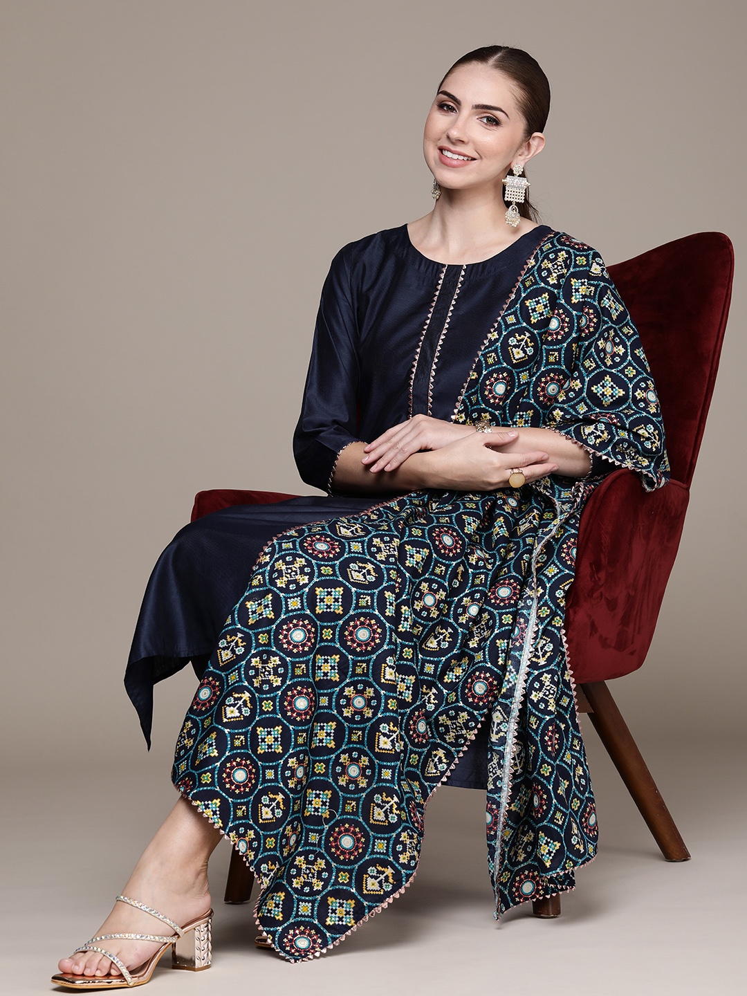 

Anouk Women Regular Gotta Patti Liva Kurta with Trousers & With Dupatta, Navy blue