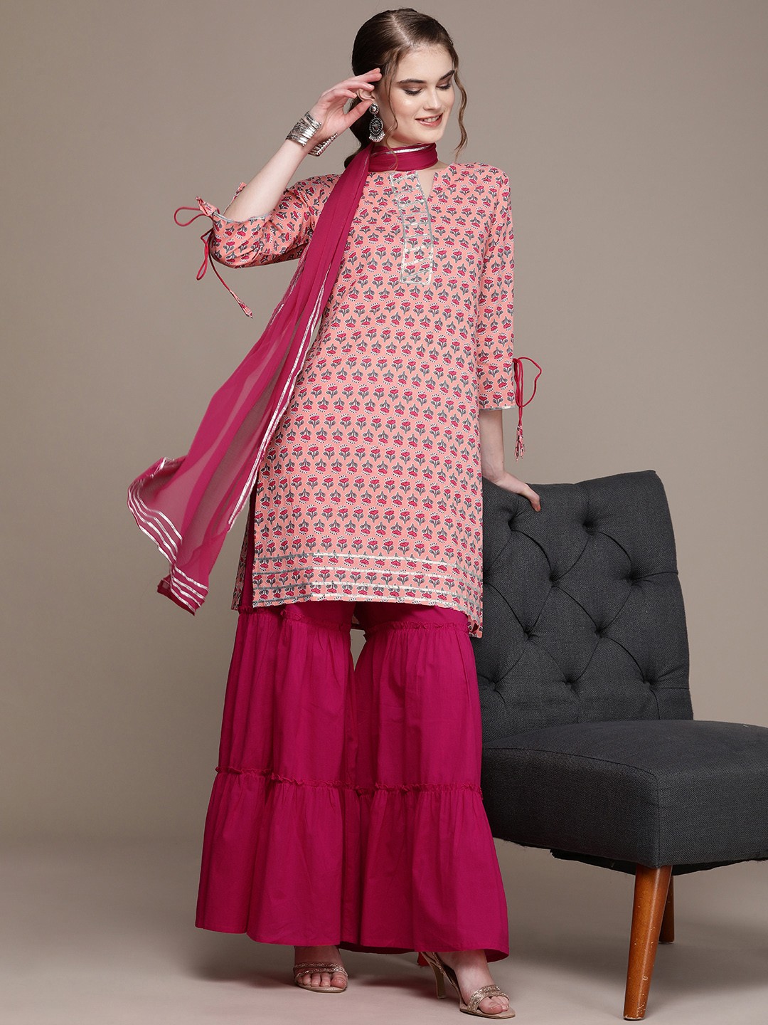 

Anouk Women Pink Floral Printed Regular Kurta with Sharara & With Dupatta